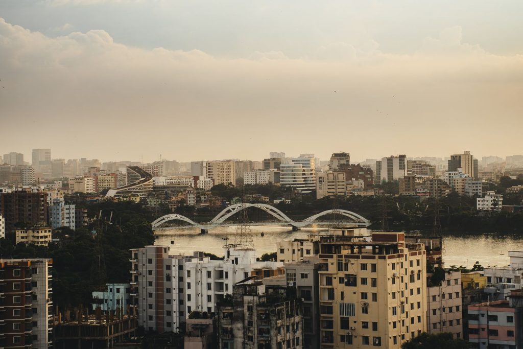 Aerial view of the Dhaka skyline at sunset