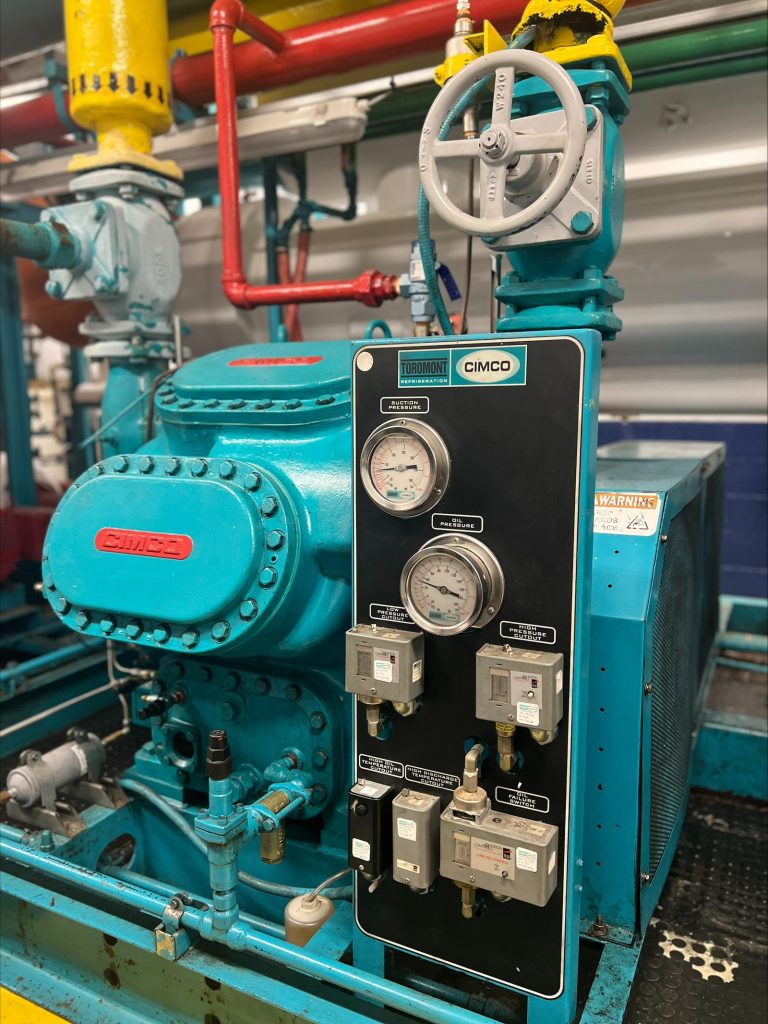 Industrial refrigeration system with gauges and pipework