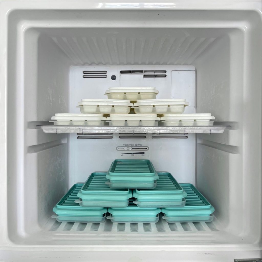 Neatly organised freezer compartment with ice trays